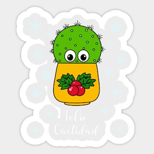 Feliz Cactidad - Cute Cactus In Christmas Holly Pot Sticker